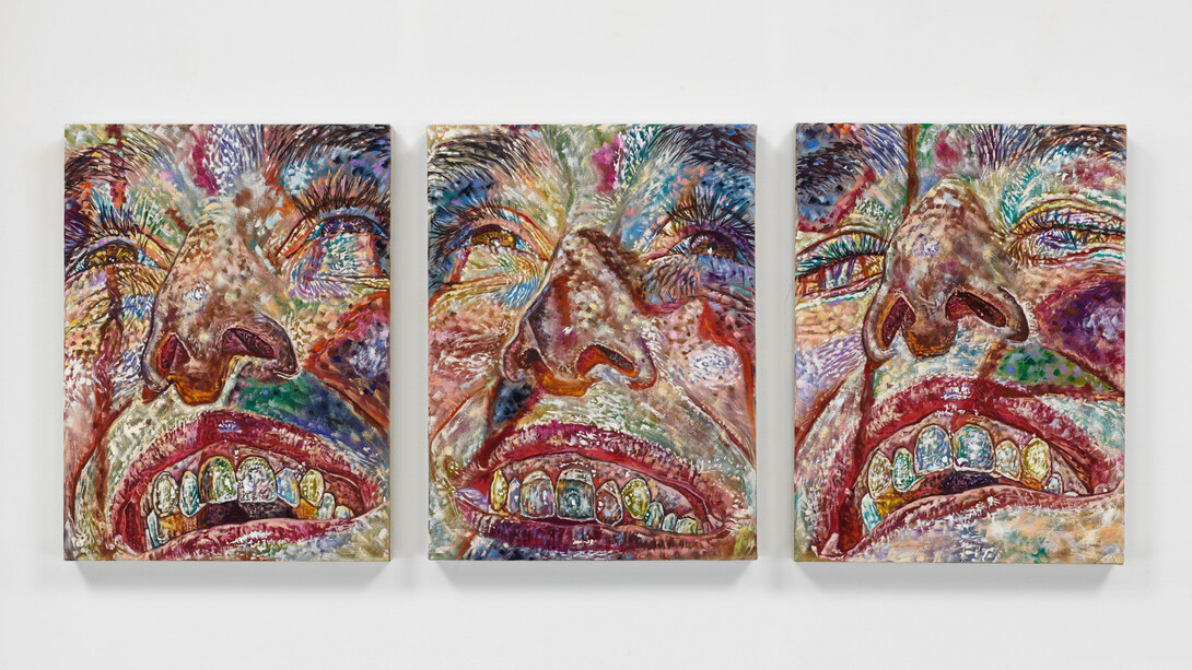 Constanza Schaffner,
Al fin algo seguro, 2023.
Oil on linen,
Each: 24 x 18 inches (61 x 45.7 cm),
Overall: 24 x 58 inches (61 x 147.3 cm) © Constanza Schaffner; Courtesy of the artist, Central Fine, Miami Beach, and Luhring Augustine, New York. Photo: Genevieve Hanson