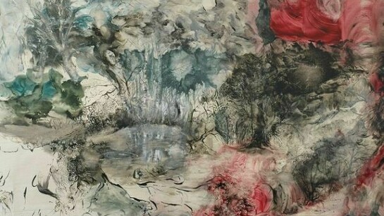 Massimo Angèi, Around the small lake, 2012, oil, charcoal on canvas mounted on panel, 70 x 100 cm