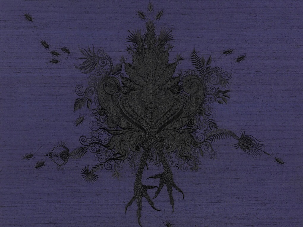Angelo Filomeno, Ammulet (Purple Akrep), 2013, ricamo e cristalli su seta applicati su lino, cm 198x99. Courtesy of Galleria Giovanni Bonelli 