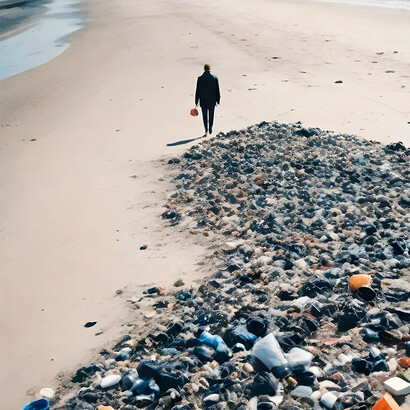 Homem ao lado de uma pilha de lixo na praia
 
A produção global de plásticos aumentou exponencialmente, atingindo cerca de 350 milhões de toneladas métricas por ano