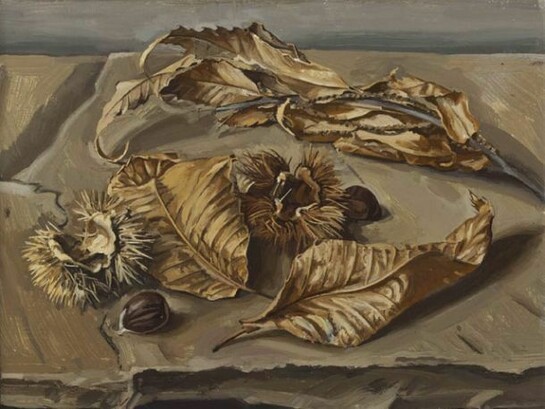 Edmund Chamberlain, Still Life with Horse Chesnuts and Leaves, Oil on canvas, 8 x 9 /20 x 23 cm