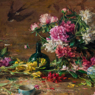 Quang Ho, Arrangement with peonies and japanese tapestry, 2024. Courtesy of Gallery 1261