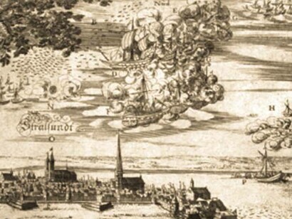 Navi volanti raffigurate nei cieli di Stralsund, Germania, nel 1665