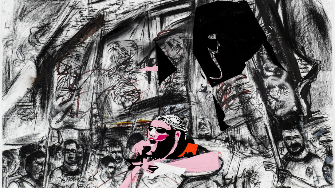 Erik van Lieshout, Untitled, 2014, Charcoal, acrylic, spray paint, ink and vinyl on paper, 59 1/16 x 98 7/16 inches (150 x 250 cm) © Erik van Lieshout. Courtesy Anton Kern Gallery, New York