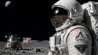 Ricostruzione di un astronauta sulla Luna che indossa una tuta Prada, autore Stefano Cavina