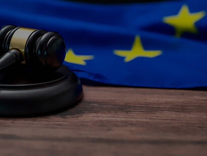 A table displays a wooden gavel juxtaposed with the flag of the European Union