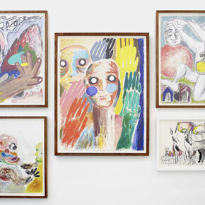Mathew Sawyer, ‘Sleep Dreamt a Brother’, 2014, ‘Part 1’ (centre), Oil and acrycli on paper, 83 x 64 cm, ‘Part 2’ (top, left), Oil, charcoal, acrylic on paper, 65.5 x 48 cm, ‘Part 3 (bottom, left), Watercolour and gouache on paper, 56 x 38 cm, ‘Part 4’(top, right), Charcoal and acrylic on paper, 65.5 x 48 cm, ‘Part 5’ (bottom, right), Charcoal and oil pastel on paper, 36 x 48 cm, Photo: Lee James Thompson