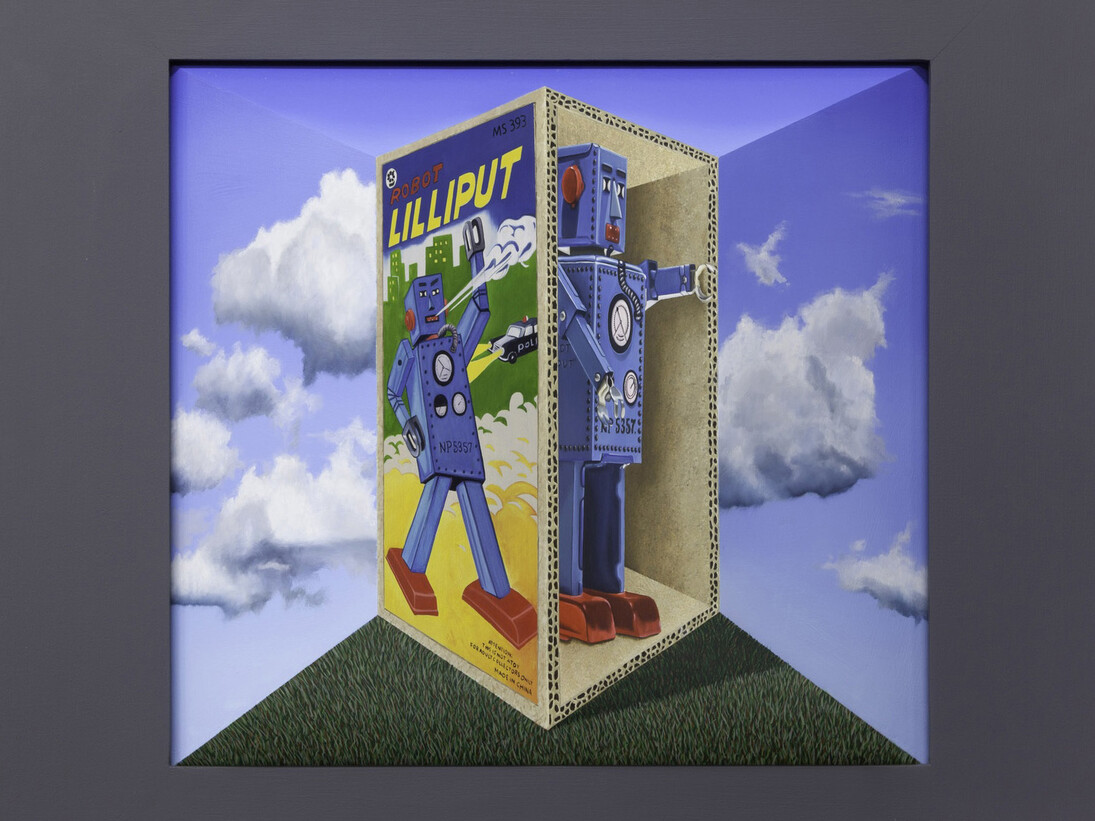 Patrick Hughes, Lilliput, 2015, Oil on board construction, 36 x 38.5 x 11 cm, 14 1/8 x 15 1/8 x 4 3/8 in, Framed: 54 x 56.5 x 13 cm / 21 1/8 x 22 1/8 x 4 3/8 in, courtesy of Flowers Gallery, London and New York