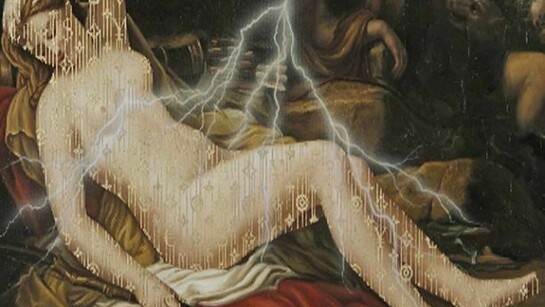 ZEVS, Illuminated Etienne Barthelemy Garnier, Diana and her Nymphs, 2013, oil and gold leaf on canvas