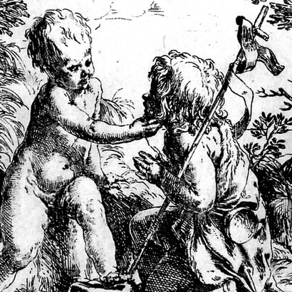 Guido Reni, "Gesù bambino accarezza San Giovannino" (s.d.). La stampa è tratta da un probabile disegno di Annibale Carracci.