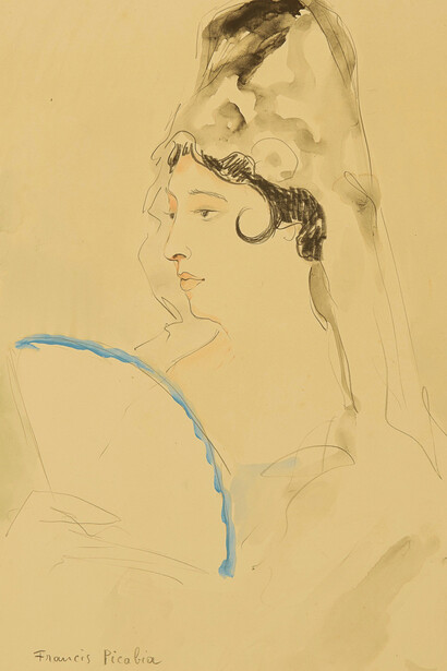 Francis Piabia. Espagnole à l'éventail bordé de bleu, 1926-27 circa. Gesso nero, acquerello, inchiostro indiano e guache su carta / Black chalk, watercolour, indian ink and wash on paper, 33 x 25 cm. Copyright the Estate of the Artist. Courtesy Richard Saltoun Gallery, London
