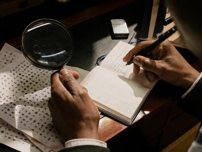 Toujours à l'aide d'une loupe et d'un stylo, deux mains prennent des notes dans un carnet