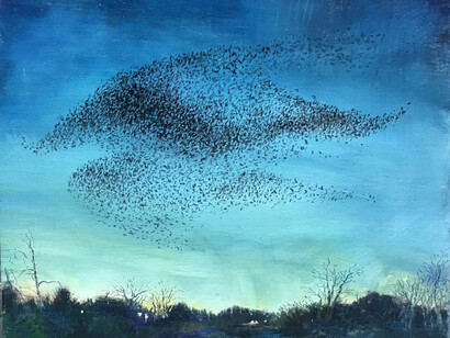 Chester Arnold, Murmuration IV: Sarabande (detail), 2023. Oil on linen mounted on panel, 8 x 10 inches. Courtesy of the artist and Catharine Clark Gallery