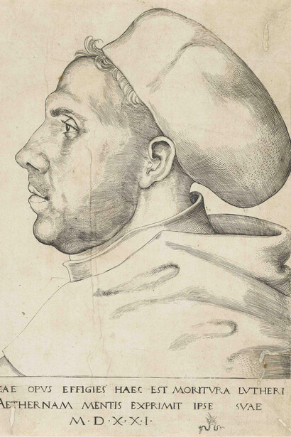 Lucas Cranach d. Ä., Martin Luther als Augustinermönch mit Doktorhut, 1521. Courtesy of Staatsgalerie Stuttgart