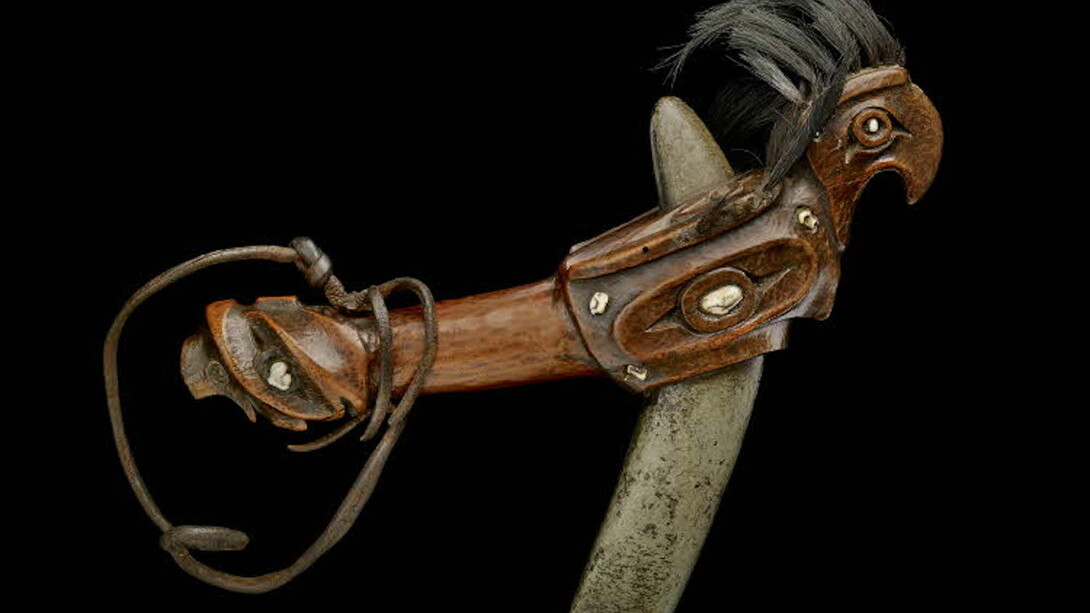 Club made from yew wood depicting Thunderbird with inlaid operculum shells and sea otter teeth, collection by Captain Cook on his third voyage 1776-1780 in Nootka Sound, British Columbia Canada. © The Trustees of the British Museum
