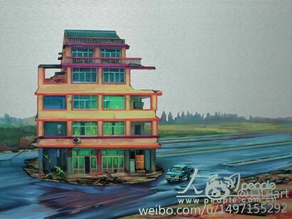 Xie Xiaoze (b. 1966), November 21, 2012, Wenling, Zhejiang (Nail House No. 1), 2013, Oil on aluminum panel, 20 1/2 x 31 1/2 in (52 x 80 cm). Courtesy of the artist and Chambers Fine Art