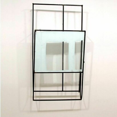 Rob Fischer, Untitled, 2014, glass, steel, screenprint ink, acrylic and latex paint, construction adhesive, 51.625 x 27.5 x 8.5 inches