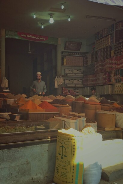 A person selling spices in the Qissa Khwani Bazaar, Peshawar, Pakistan