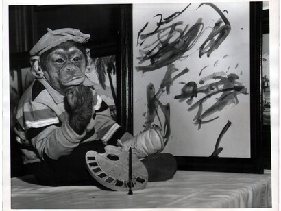 United Press photo, This Monkey Shines at Art, Too, 1957, silver gelatin print, 7x9 inches. Edition unknown, unsigned and unnumbered (MKB0012). Courtesy of Specific Object / David Platzker and Susan Inglett Gallery, NYC