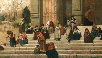 Federico Zandomeneghi, Los pobres en los escalones de la iglesia de San Gregorio en el Celio (detalle), 1892, Milán, Galería de Arte de Brera