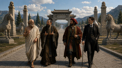 Four great minds from different civilizations walk the same sacred path, symbolizing the timeless dialogue between philosophy, science, culture, and human understanding