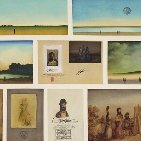 Saul Steinberg, La Vie d'Artiste, 1970, Watercolor, oil, ink, stamps, graphite, on paper , 29 3/4" x 39 3/4"
Provenance: Galerie Maeght, Paris, Exhibited: Cologne, Kunstverein; Stuttgart, Württembergischer Kunstverein; Hanover, Kestner-Gesellschaft;Kulturhaus der Stadt Graz, and Vienna, Museum des 20. Jahrhunderts, Nov. 1974 - August 1975, No. 53. Courtesy of Adam Baumgold Gallery