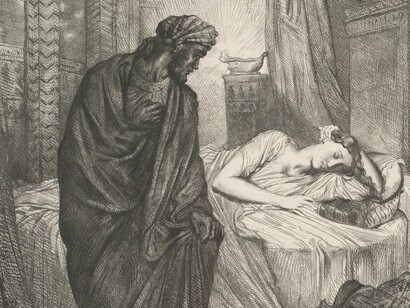 "Mas ela deve morrer": prancha 11 de Otelo (Ato 5, Cena 2), de Théodore Chassériau. Otelo, por sua vez, oferece o terreno fértil perfeito: o seu amor por Desdêmona está atrelado à sua identidade e ser amado por ela confirma seu valor num mundo que o tolera mais do que o aceita