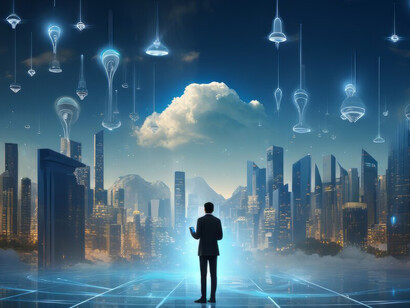 Futuristic business scene set in an ultra-modern ambiance, showcasing sleek architecture and advanced technology that highlight the evolving landscape of innovation and digital transformation