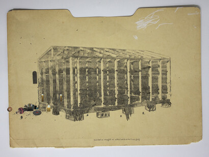 William Cordova, somewhat as intangible and indescribable as the tints (h.d.t.) (from the synecdoche suite), 2014, 8 ½ x 12 inches, graphite, ink transfer, collage on reclaimed file folder, courtesy of the artist and Sikkema Jenkins & Co. New York, NY