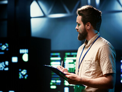 A technician inspecting server racks inside a data center, highlighting the physical infrastructure behind digital services