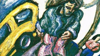 Alex Rapoport, "Vagabundo y taxi amarillo", gouache y témpera sobre madera, 1984