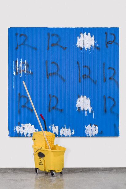 Awol Erizku, Wave Brake, 2017, Household paint and spray paint on corruated metal, with mop bucket 182.9 x 188 cm; (72 x 74 in.), Photo by Joshua White. Courtesy of Ben Brown Fine Arts