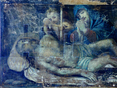 Sassari, chiesa di San Sisto, paliotto d’altare con raffigurazione della Pietà durante l’intervento di studio e diagnostica propedeutico al restauro progettato e diretto da Roberto Luciani.