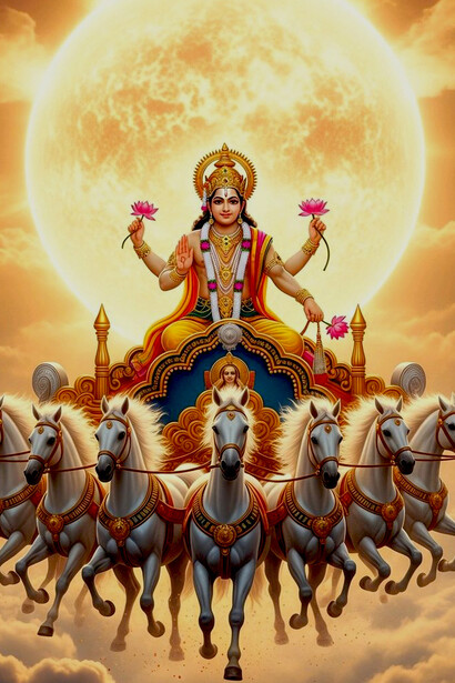 Majestic Surya Dev rides a golden chariot drawn by seven horses, holding lotuses and radiating powerful solar energy and blessings