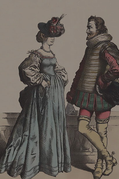 Illustration capturing 18th-century individuals adorned in luxurious attire, showcasing opulence and ostentation