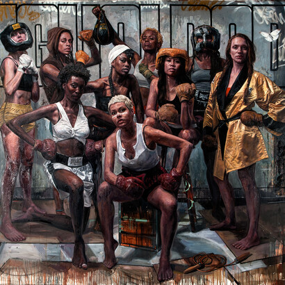 The Fight Club, Tim Okamura, oil and mixed media on canvas, 112 x 130 inches, 2013. Courtesy Yeelen Gallery Miami