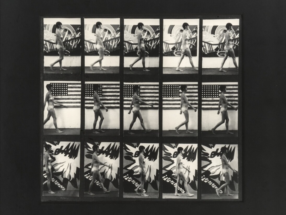 Sturtevant, Plate 136, After Muybridge - Woman, with Hands on Her Hips, Gelatin silver prints collaged on paper, Paper Dimensions: 26 x 32 cm (10 x 12,5 in)/47 x 52 cm (18,5 x 20,47 in). Courtesy of Galerie Thaddaeus Ropac