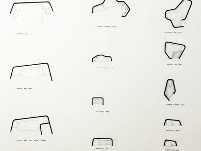 Leonardo Ricci
Progetto per Habitation Study. Studio di unità standard 1:20, 1949-1963
Matita, china e caratteri trasferibili su lucido, 930x1460 mm
(Fondo Leonardo Ricci)

