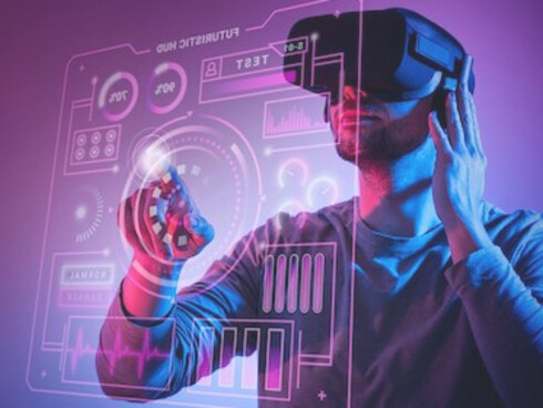 A user exploring the Metaverse, fully immersed in a captivating virtual environment while wearing advanced virtual reality glasses