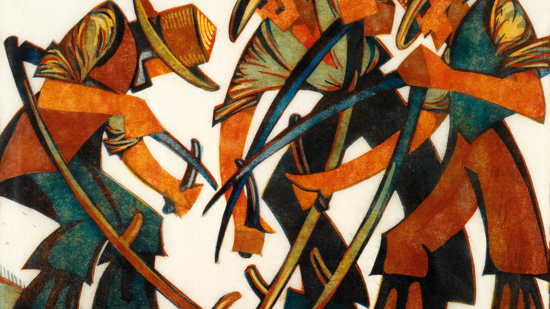 Mowers by Sybil Andrews. Image Courtesy of Osborne Samuel gallery