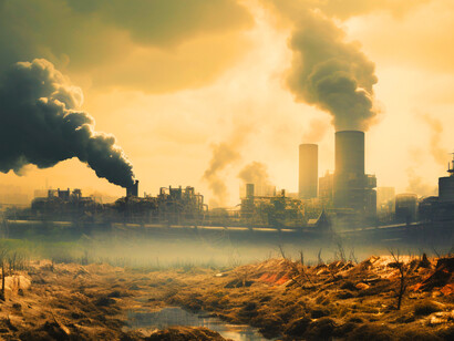 Carbon clouds drift over the remains of nature, bearing the weight of a broken promise