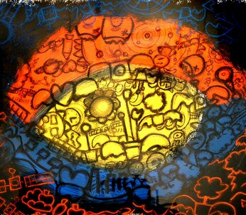 O início de tudo - 50x70 cm - tinta à base de água, carvão de salgueiro e caneta sobre papel gofrado