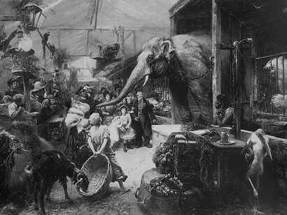 Print after Paul Meyerheim’s painting from 1885 of a Tierbude, a German traveling menagerie, a hybrid of circus and zoo. Such “shows” sometimes included taxidermy exhibits. The polar bear in the wagon on the right appears to be rather stressed by its confinement. (Wikimedia Commons)