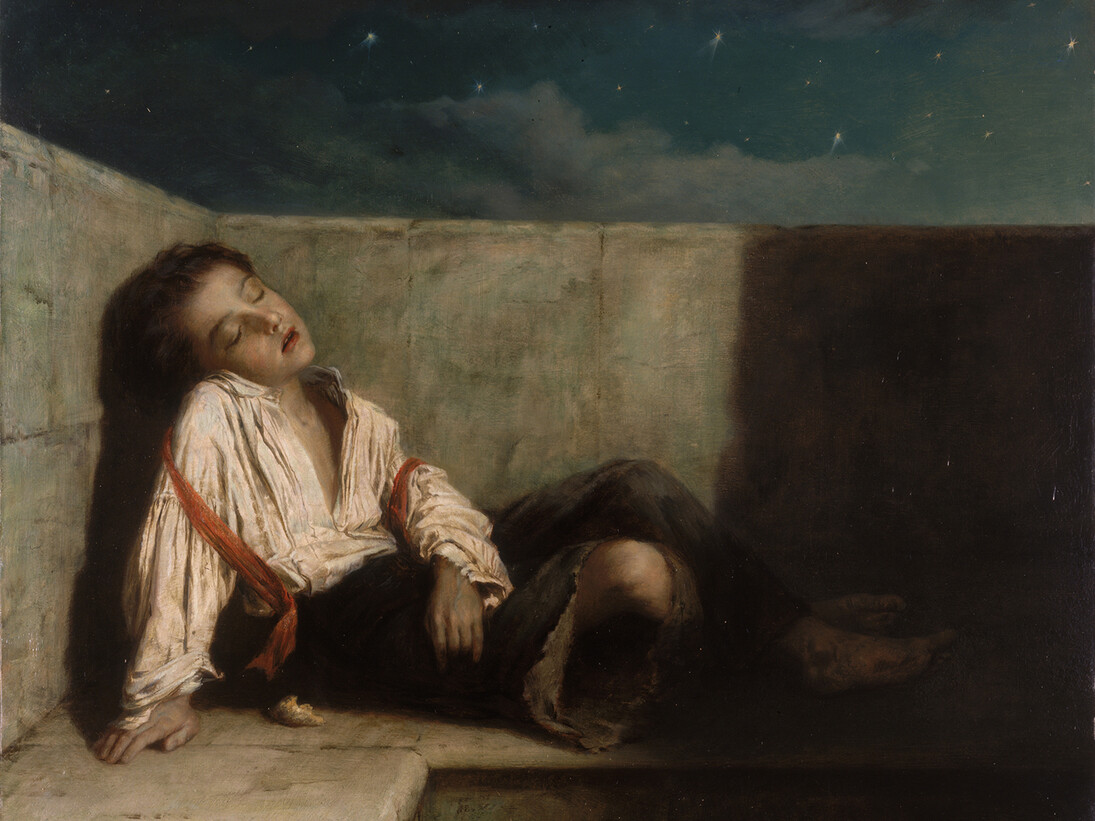 A Recess on a London Bridge by Augustus Edwin Mulready, oil on canvas, 1879, Credit: Tyne & Wear Archives & Museums / Bridgeman Images
