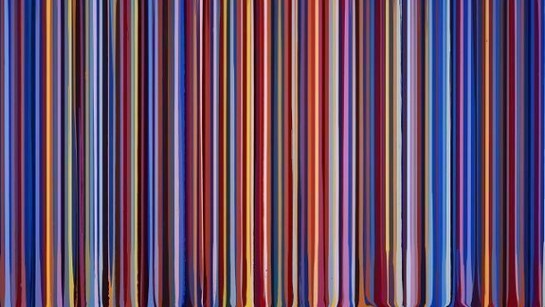 Ian Davenport, Colorfall: Cobalt, Vermilion, Cobalt, 2013, acrylic on stainless steel mounted on aluminum panel, 200 cm x 300 cm.