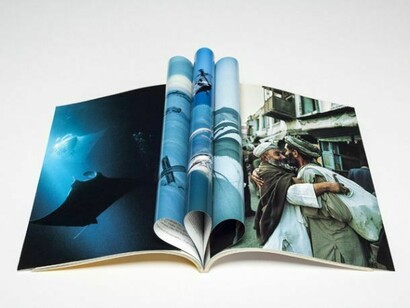 Cyprien Gaillard, Diving with Sea Snakes, 2013, Showcase and National Geographic magazines, 36 1/4 x 117 7/8 x 39 5/8 inches (92 x 299.4 x 100.4 cm), Copyright Cyprien Gaillard, Courtesy Sprueth Magers Berlin London and Gladstone Gallery, New York and Brussels