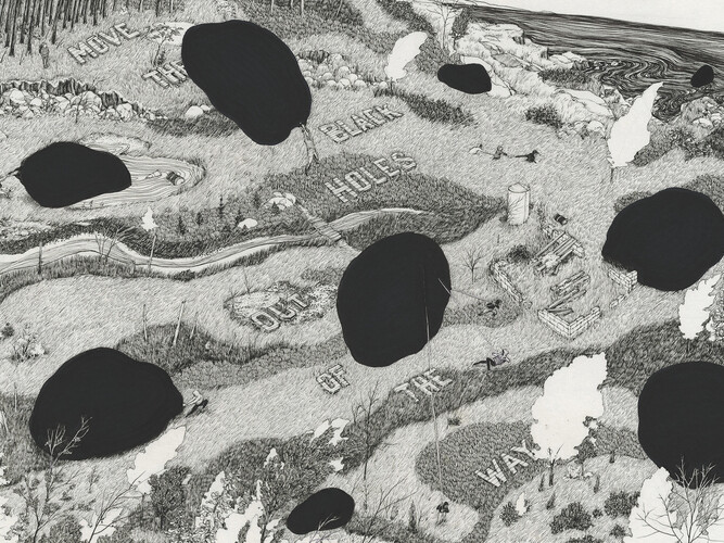 Pat Perry, Move The Black Holes, 2013 inchiostro su carta. Courtesy of Dorothy Circus Gallery