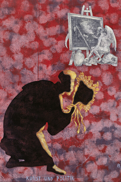 Jörg Immendorff, Kunst und Politik, 2004, Huile et crayons à l’huile sur toile, 200 x 140 cm, Photo: Lothar Schnepf, Cologne © Courtesy of Galerie Michael Werner Märkisch Wilmersdorf, Cologne & New York