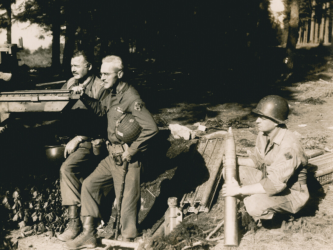 Hemingway with Colonel Charles "Buck" Lanham in Schweitzer, Germany, during World War II, 28 September 1944, Ernest Hemingway Photograph Collection, John F. Kennedy Presidential Library and Museum
