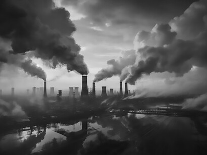 Surveying the environmental impact, one witnesses a factory actively contributing to CO2 pollution